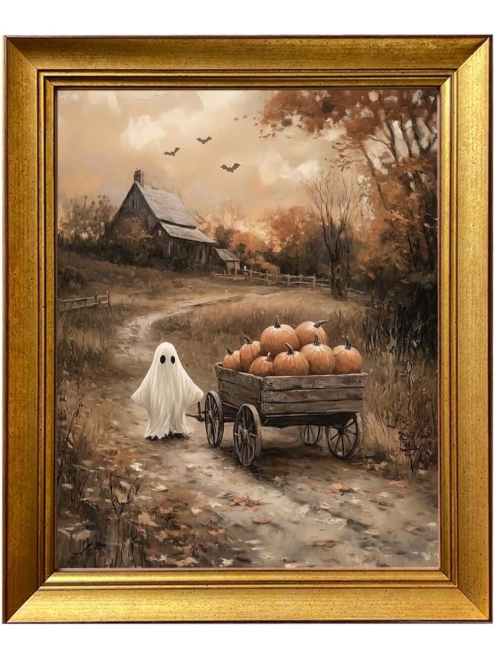 Vintage Halloween Wall Art - Gold Framed Ghosts & Pumpkins Canvas Decor, Rustic